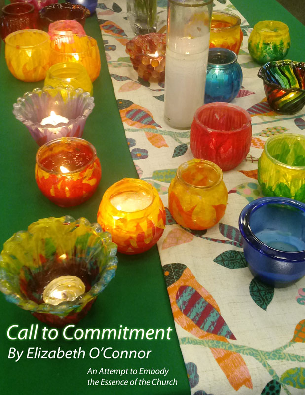 "Call to Commitment" book cover; 8th Day candle service altar
