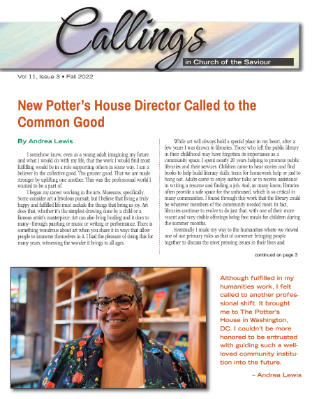 "Callings" Church of the Saviour quarterly newsletter, front page